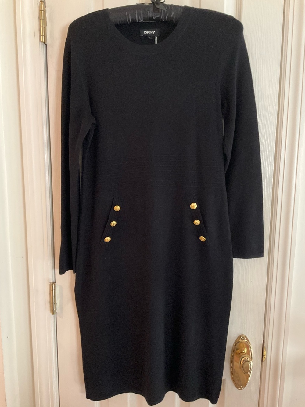 DKNY Black Long Sleeve Knit Dress with Gold Button Detail size L. NWOT